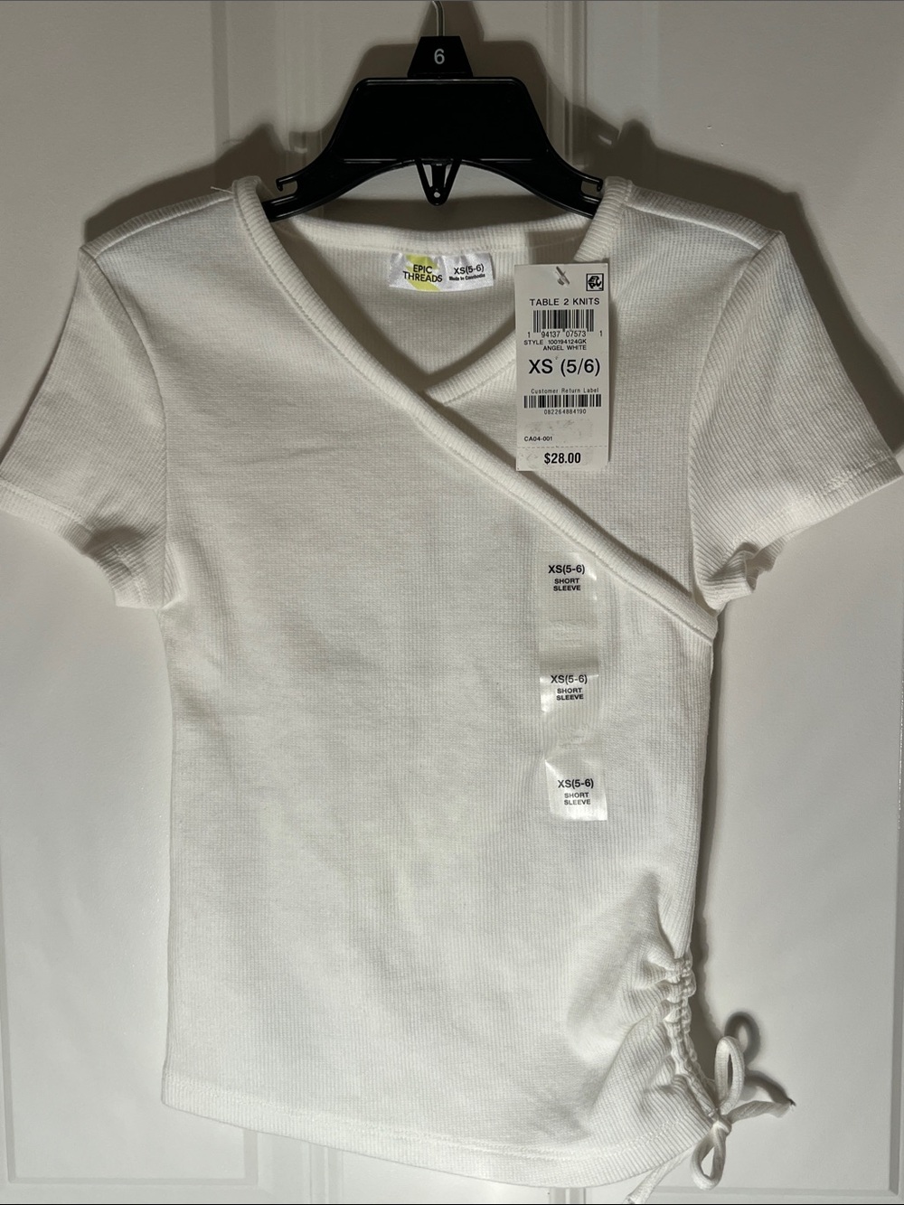 Epic Threads White Ribbed Wrap Short Sleeve Top with Side Tie New Tag XS Size5/6